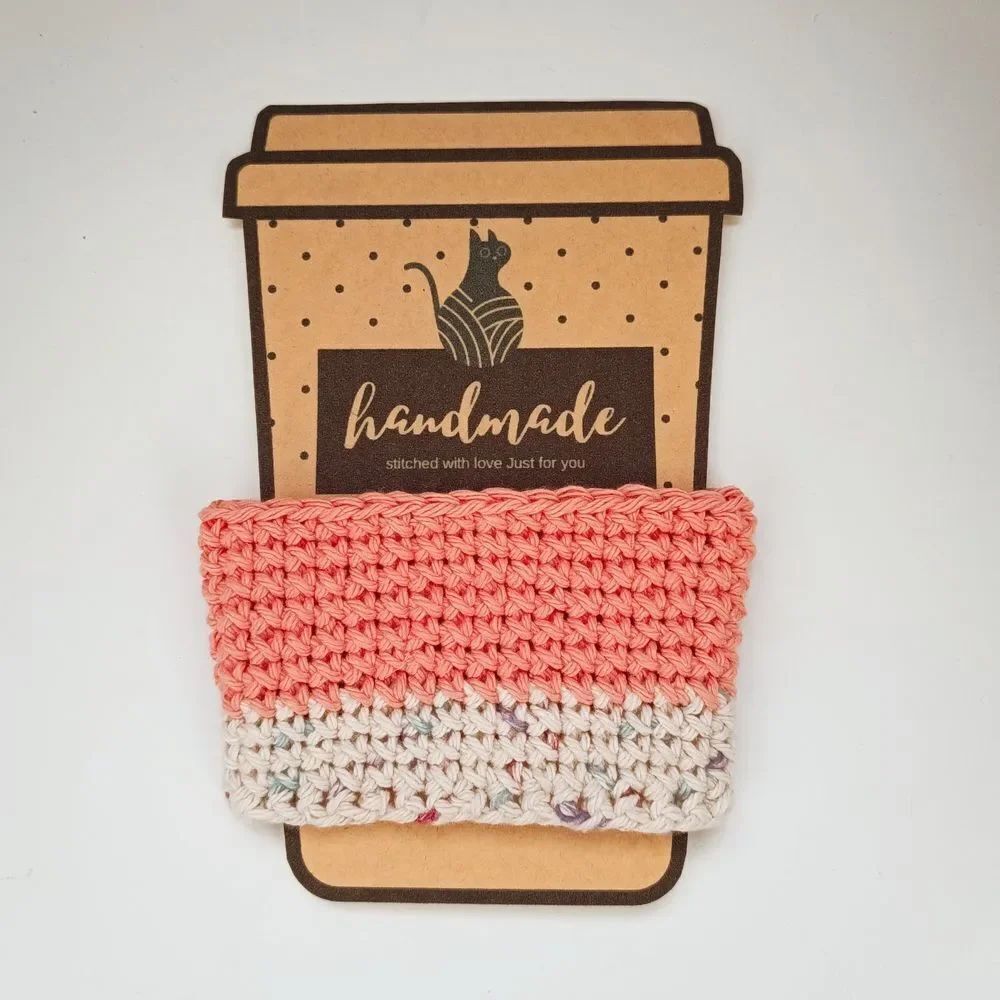 ❤️Handmade Coral and Cream Crochet Cup Sleeve